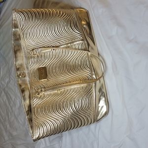 Versace Parfums Gold Ribbed Magnetic Clasp Travel Tote Large Bag